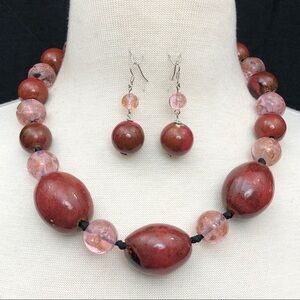 Dark Red & Pink Ceramic Glass Bead Handmade Chunky Necklace Earrings Set